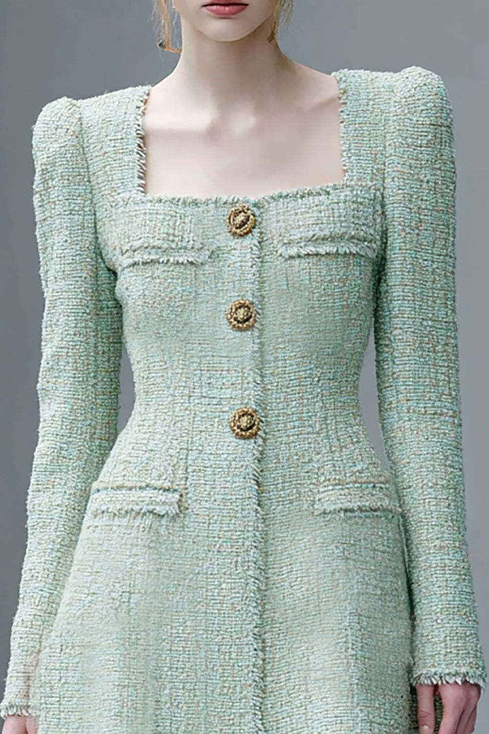 Mint Green Square Neck A Line Short Tweed Dress with Sleeves