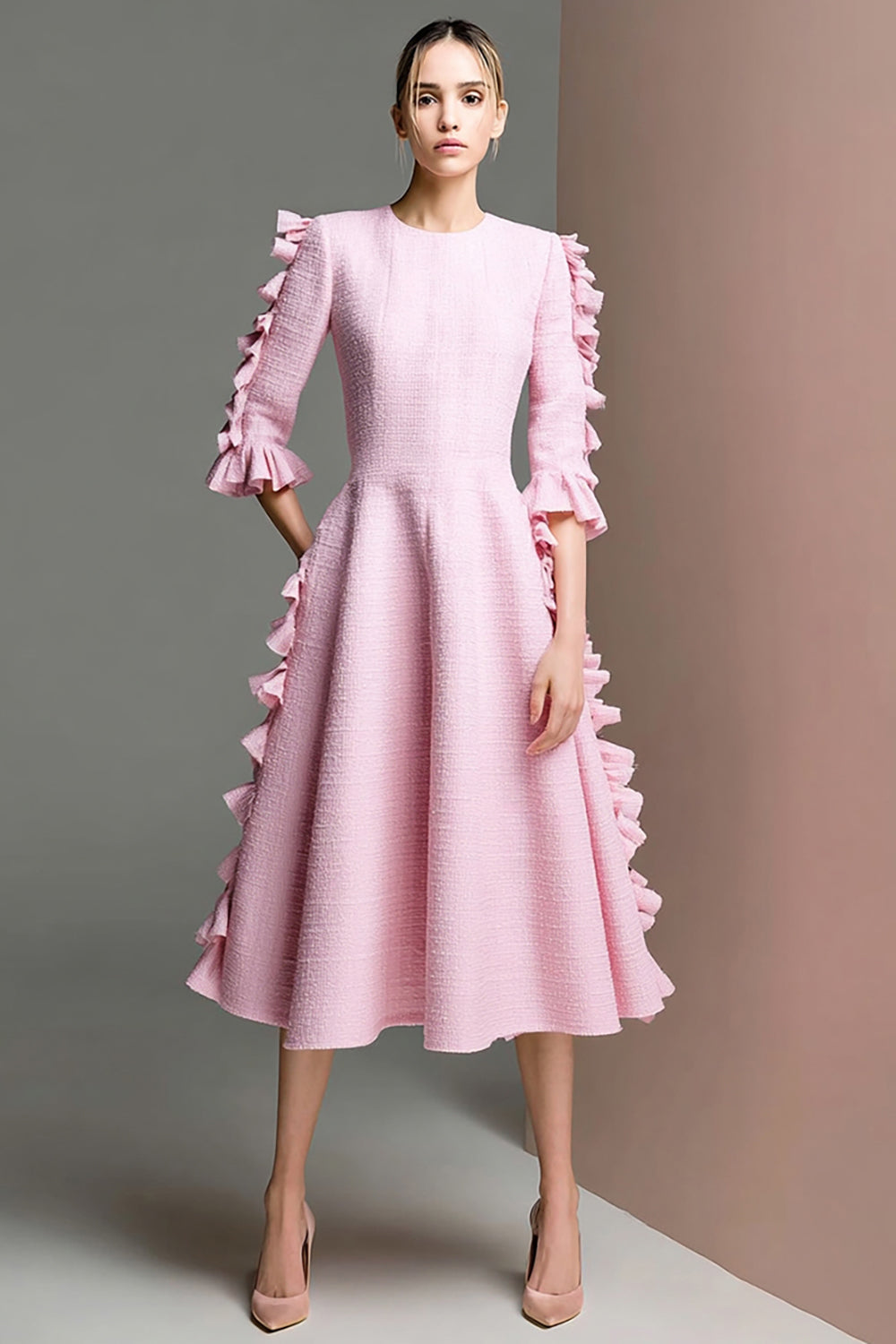 Pink Half Sleeves A Line Midi Tweed Dress with Ruffles
