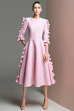 Pink Half Sleeves A Line Midi Tweed Dress with Ruffles