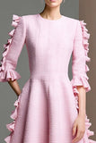 Pink Half Sleeves A Line Midi Tweed Dress with Ruffles