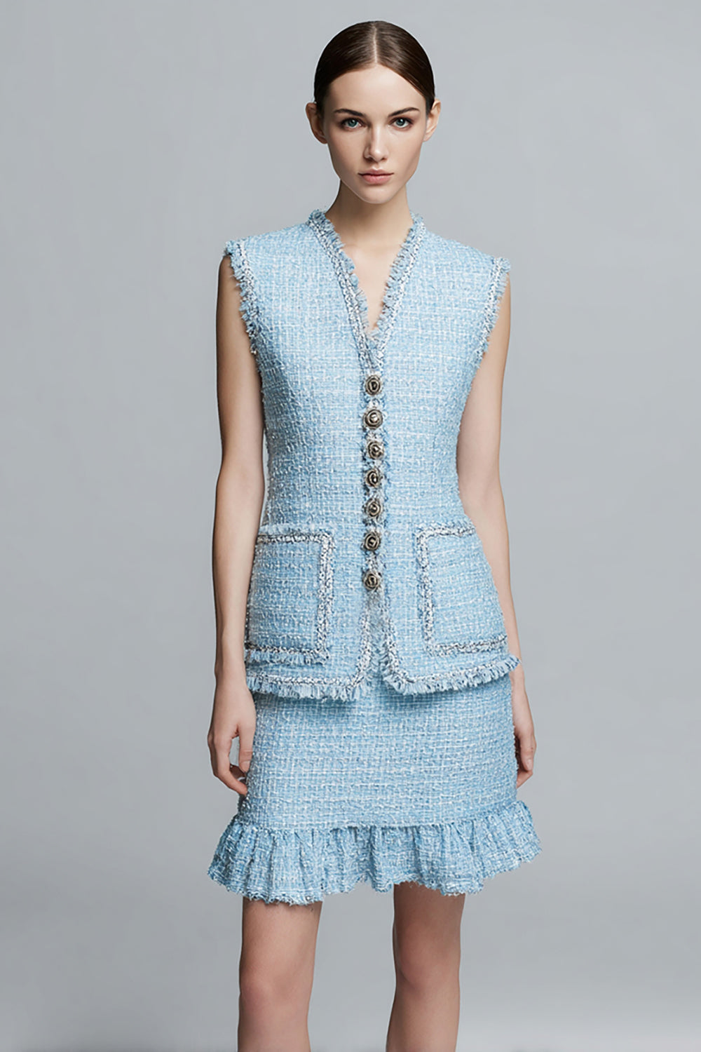 2 Piece Sky Blue Short Tweed Outfits with Ruffles