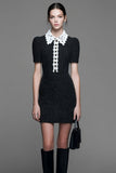 Black Tight Short Tweed Dress with Lace