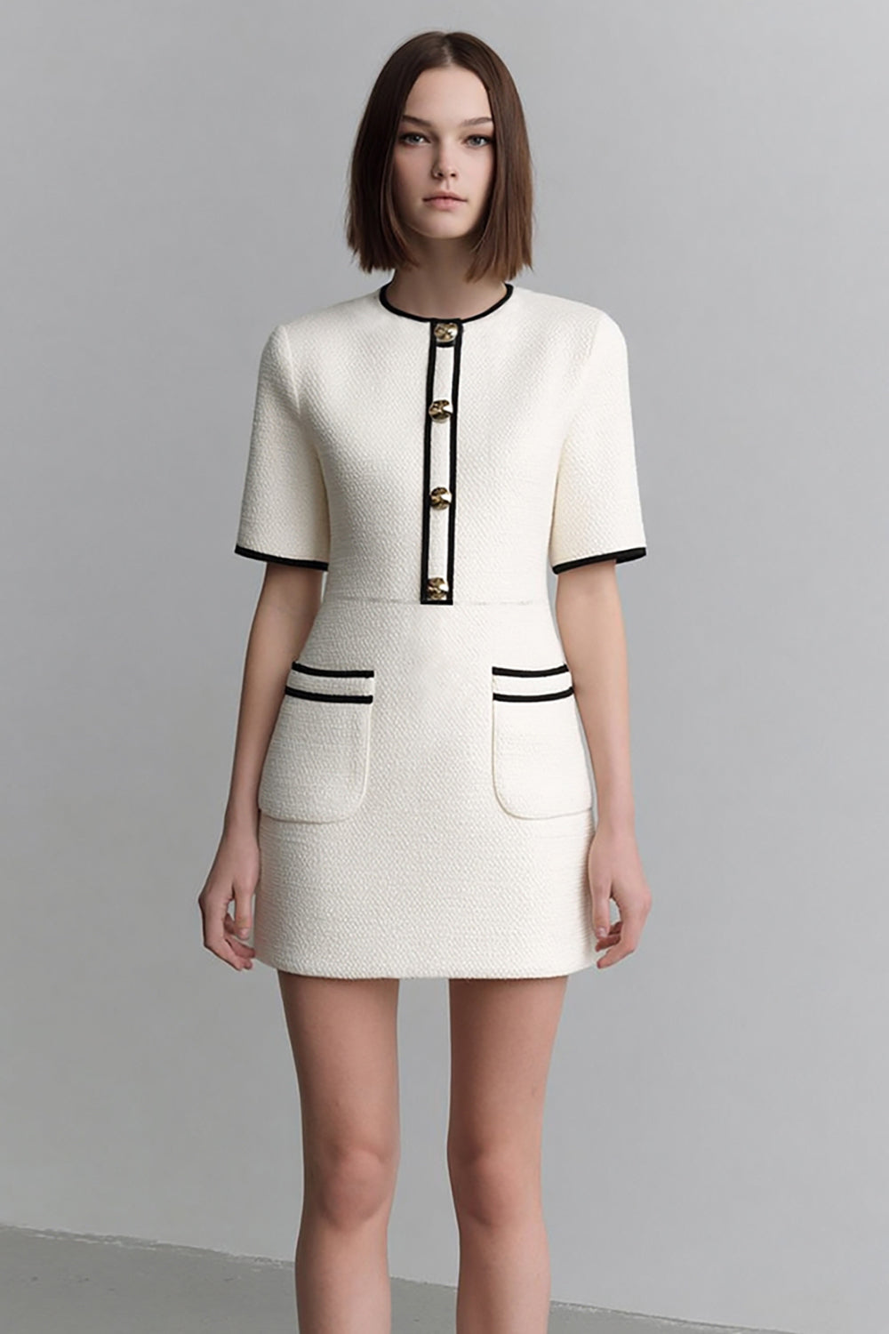 Short Ivory Tweed Round Neck Tight Date Night Dress with Sleeves