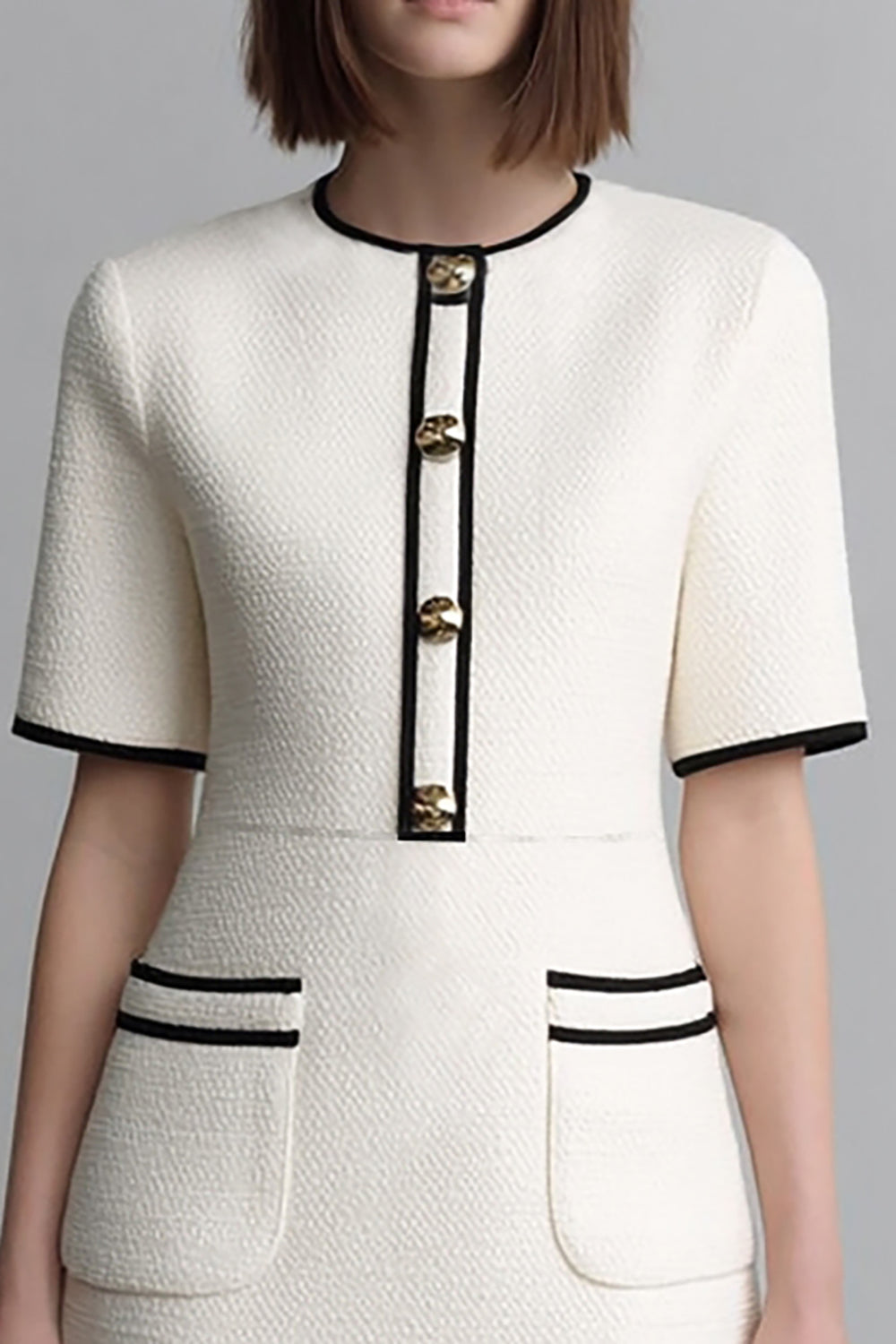 Short Ivory Tweed Round Neck Tight Date Night Dress with Sleeves