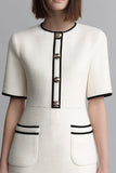 Short Ivory Tweed Round Neck Tight Date Night Dress with Sleeves