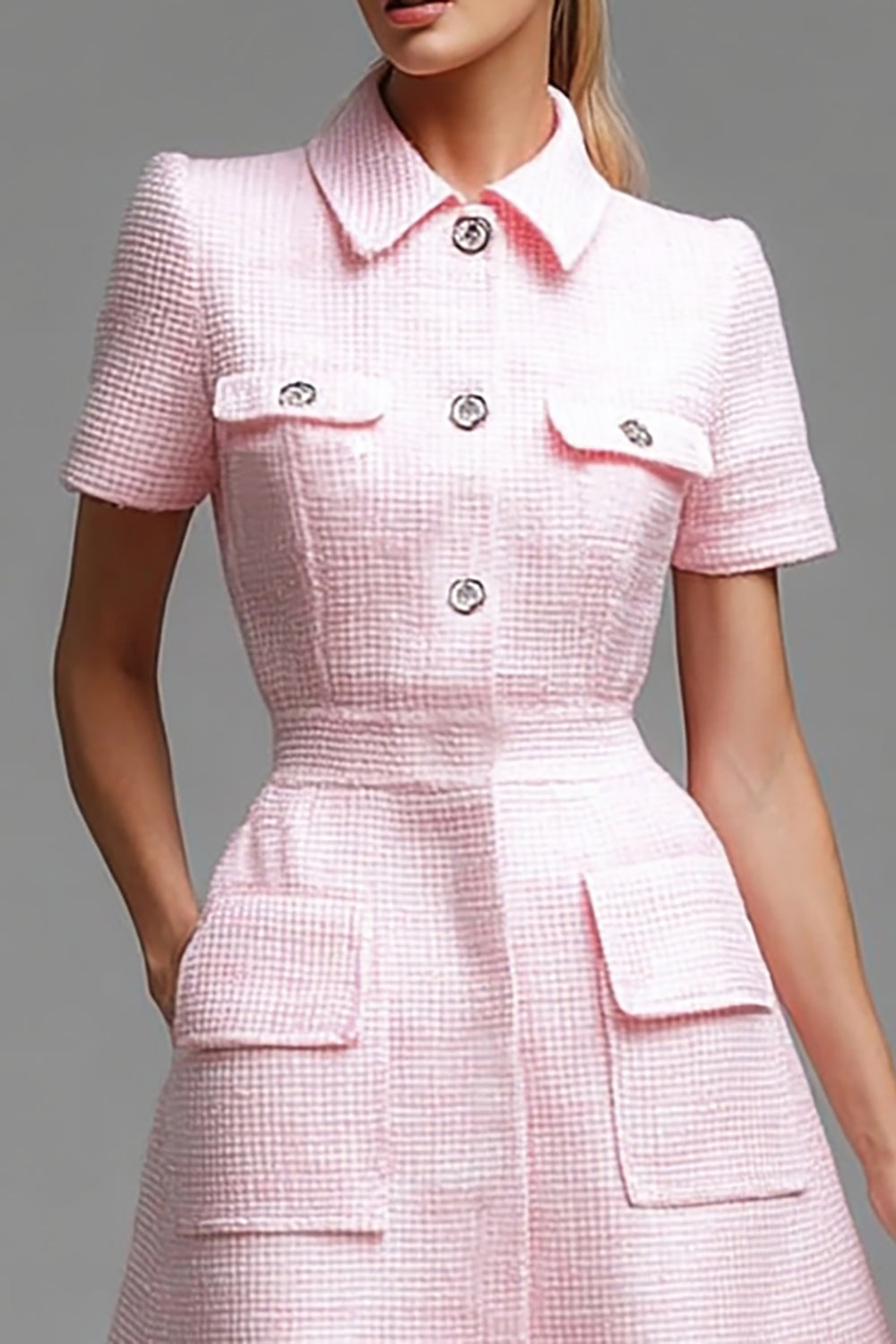 Pink Short Sleeves A Line Tweed Dress with Buttons