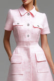 Pink Short Sleeves A Line Tweed Dress with Buttons