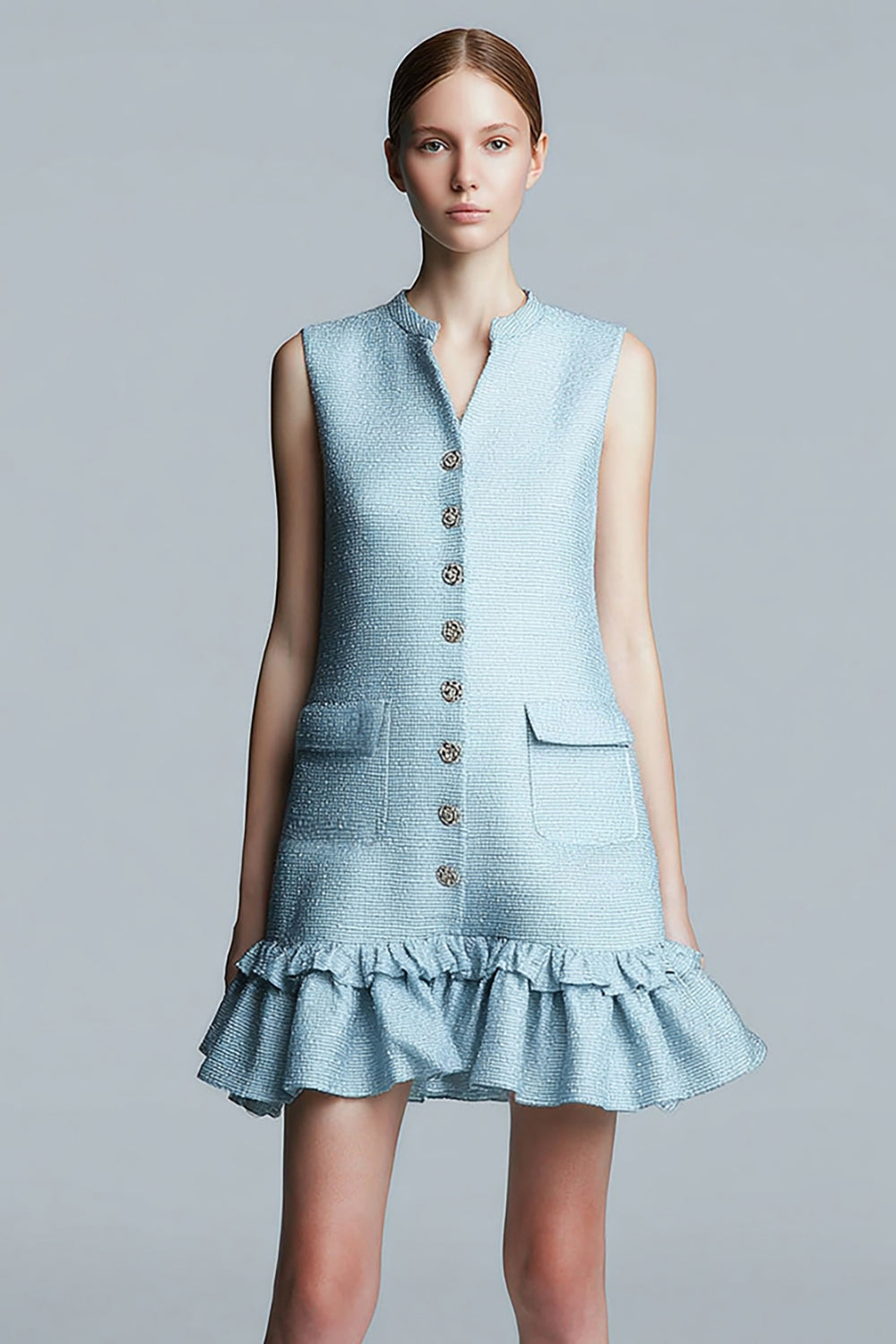Sky Blue Tight Short Ruffled Tweed Dress with Buttons