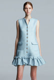 Sky Blue Tight Short Ruffled Tweed Dress with Buttons