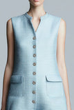 Sky Blue Tight Short Ruffled Tweed Dress with Buttons