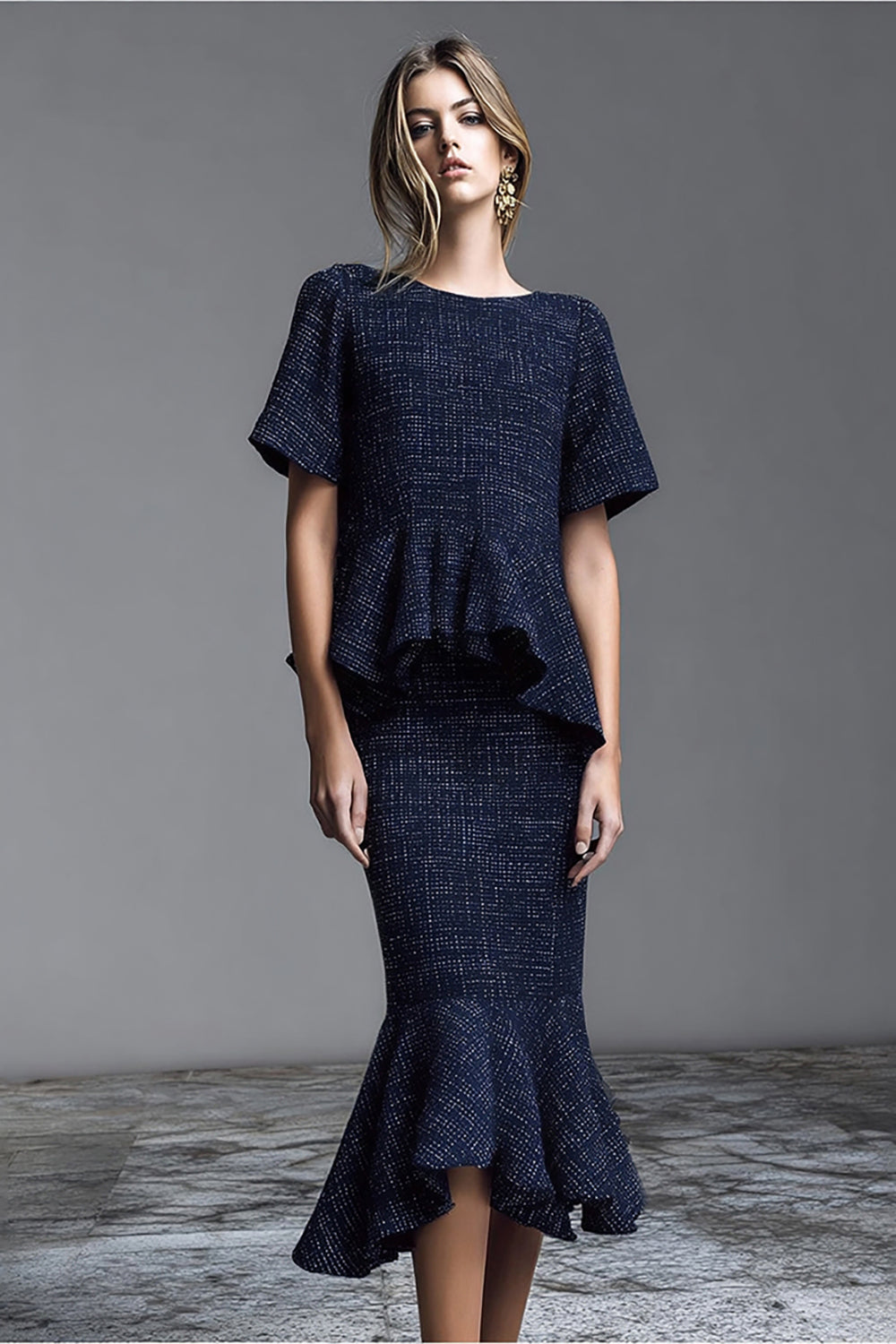 Navy 2 Piece Mermaid Midi Tweed Outfits with Ruffles