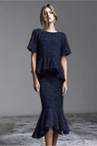 Navy 2 Piece Mermaid Midi Tweed Outfits with Ruffles