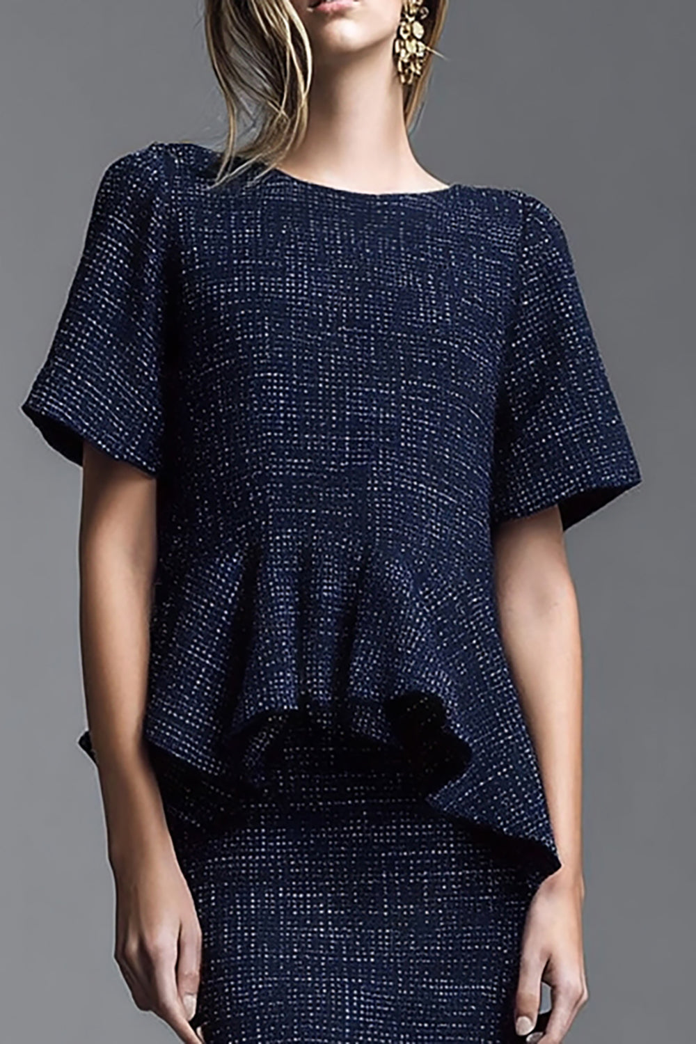 Navy 2 Piece Mermaid Midi Tweed Outfits with Ruffles