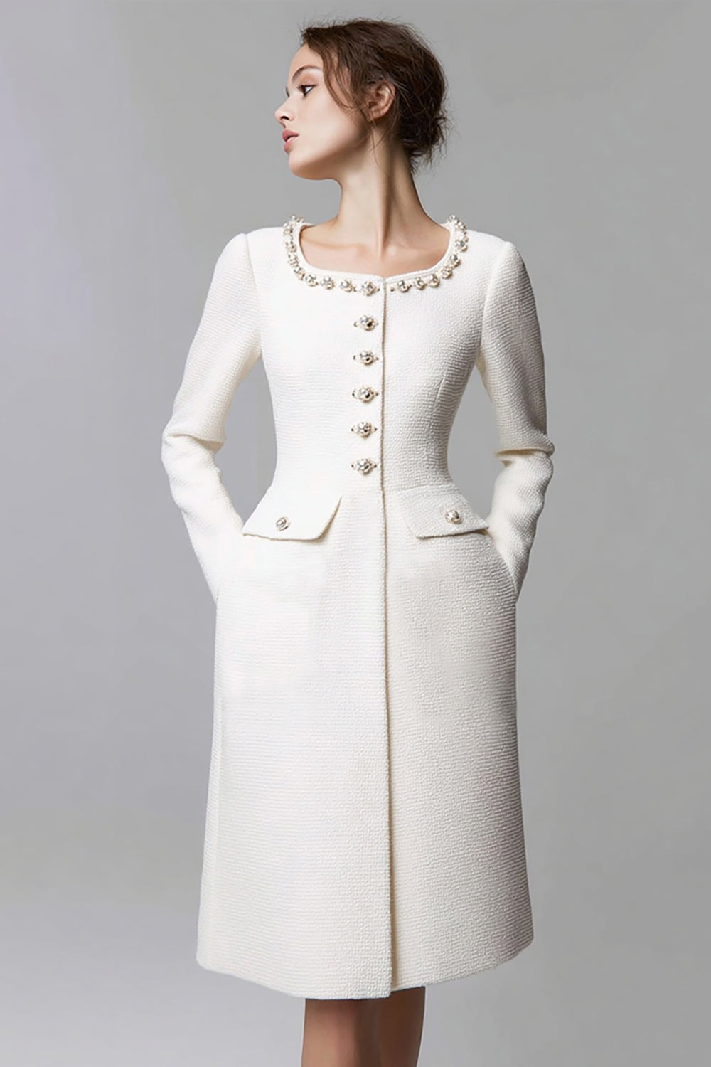 One Piece Ivory Tweed Tight Scoop Neck Short Date Night Dress with Pearls