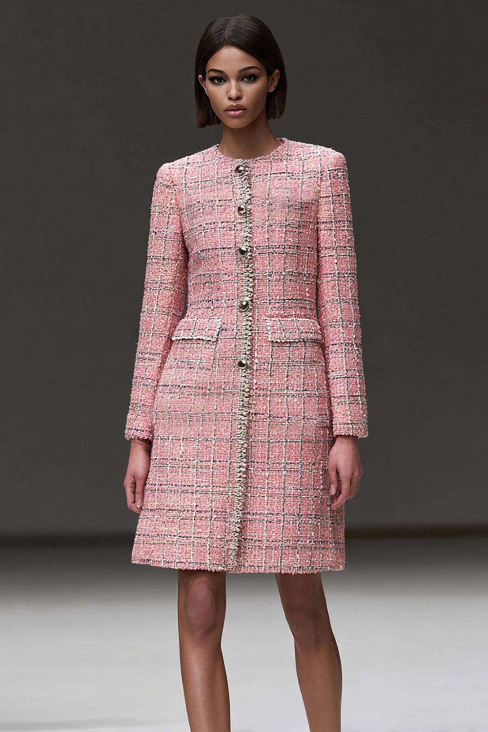 One Piece Pink Plaid Tight Tweed Short Tweed Dress with Sleeves