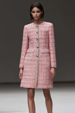 One Piece Pink Plaid Tight Tweed Short Tweed Dress with Sleeves