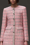 One Piece Pink Plaid Tight Tweed Short Tweed Dress with Sleeves