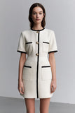 Tweed Ivory Round Neck Tight Short Date Night Dress with Sleeves