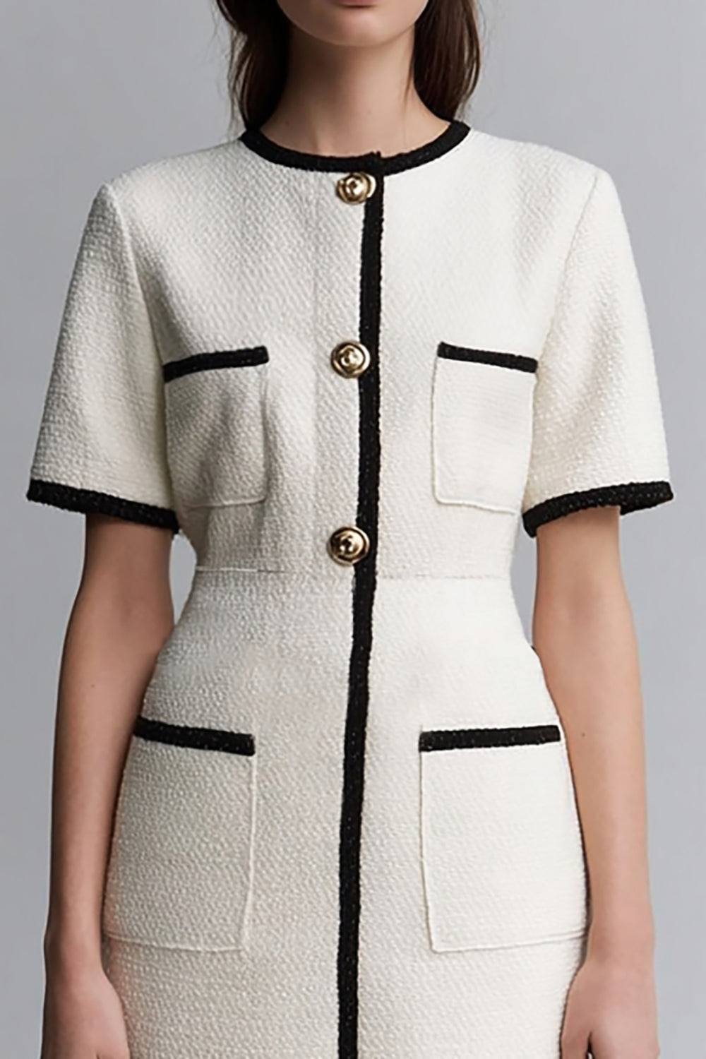 Tweed Ivory Round Neck Tight Short Date Night Dress with Sleeves