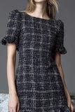 Black Plaid Tight Boat Neck Short Tweed Outfits with Ruffles