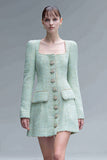 Mint Green Tight Square Neck Short Tweed Dress with Buttons