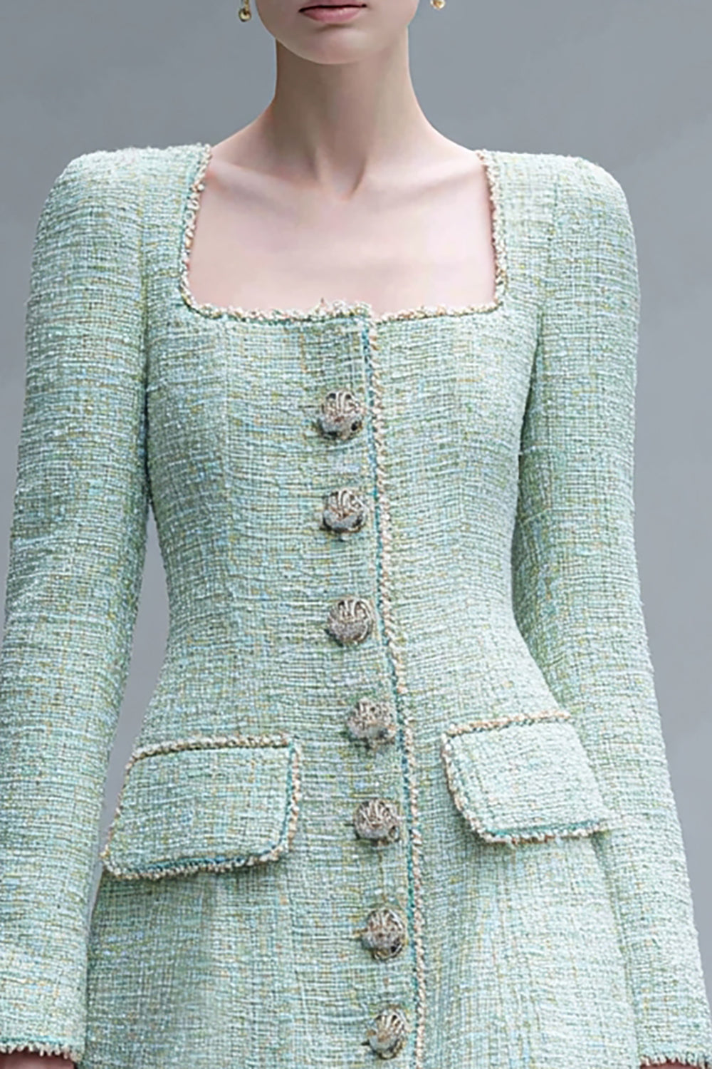 Mint Green Tight Square Neck Short Tweed Dress with Buttons
