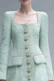 Mint Green Tight Square Neck Short Tweed Dress with Buttons