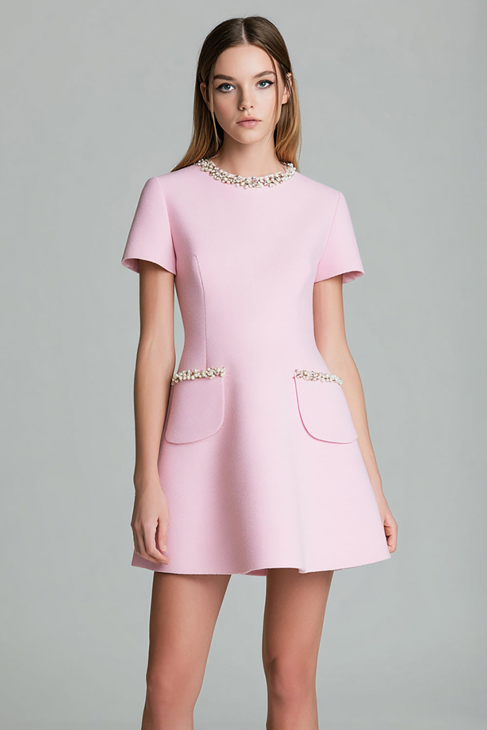 Pink A Line Round Neck Short Tweed Dress with Pearls