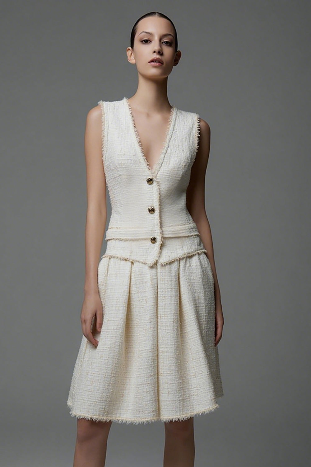 Ivory 2 Piece V Neck Short Tweed Outfits with Buttons