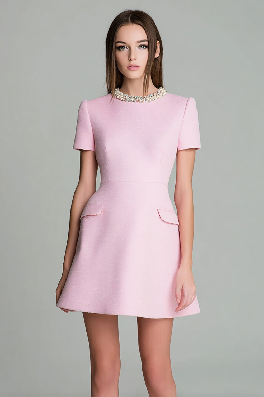 A Line Pink Round Neck Short Sleeves Tweed Dress with Pearls