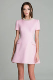A Line Pink Round Neck Short Sleeves Tweed Dress with Pearls