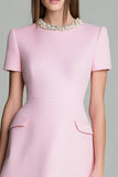 A Line Pink Round Neck Short Sleeves Tweed Dress with Pearls