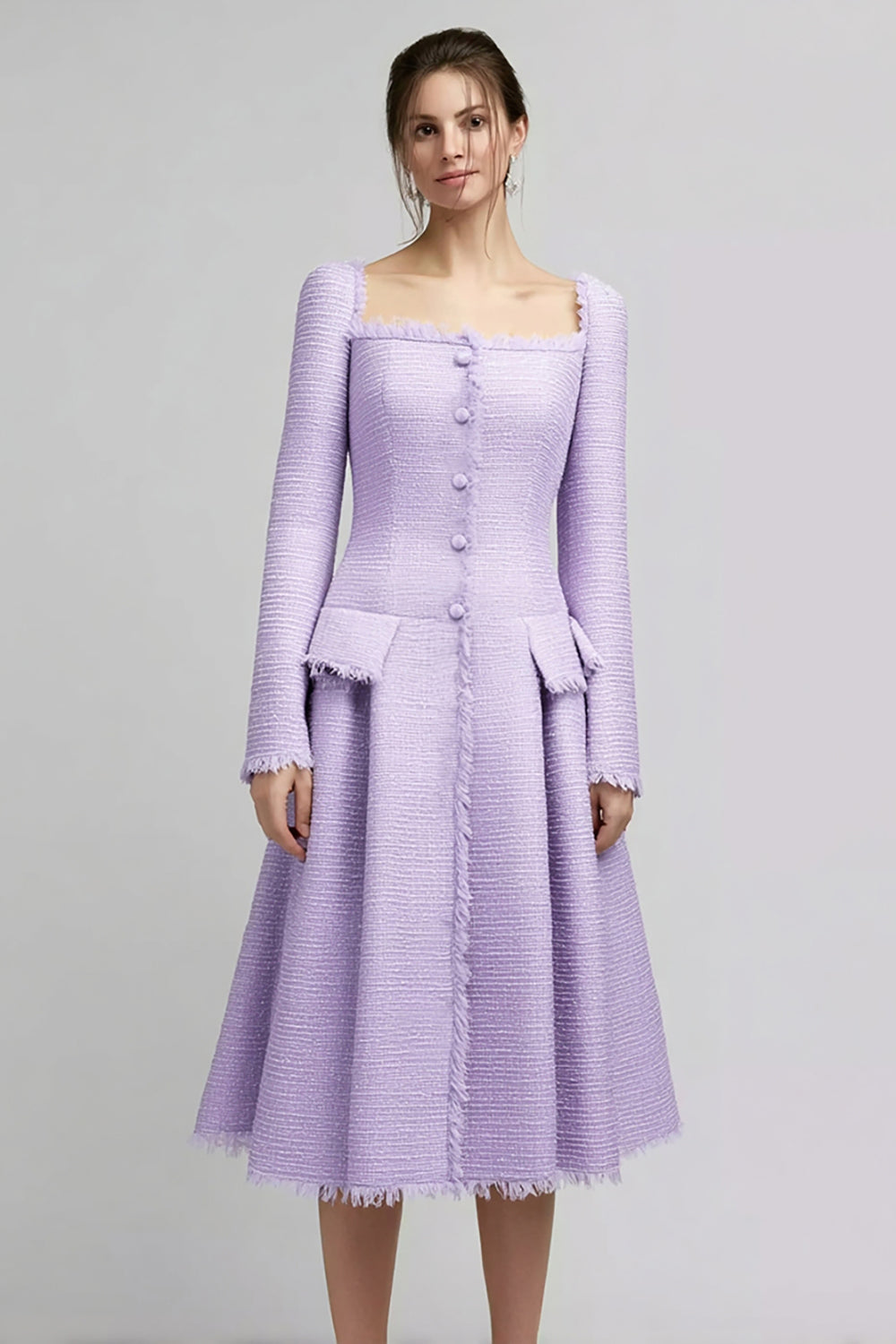 Lilac A Line Square Neck Midi Tweed Outfits with Sleeves