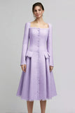 Lilac A Line Square Neck Midi Tweed Outfits with Sleeves