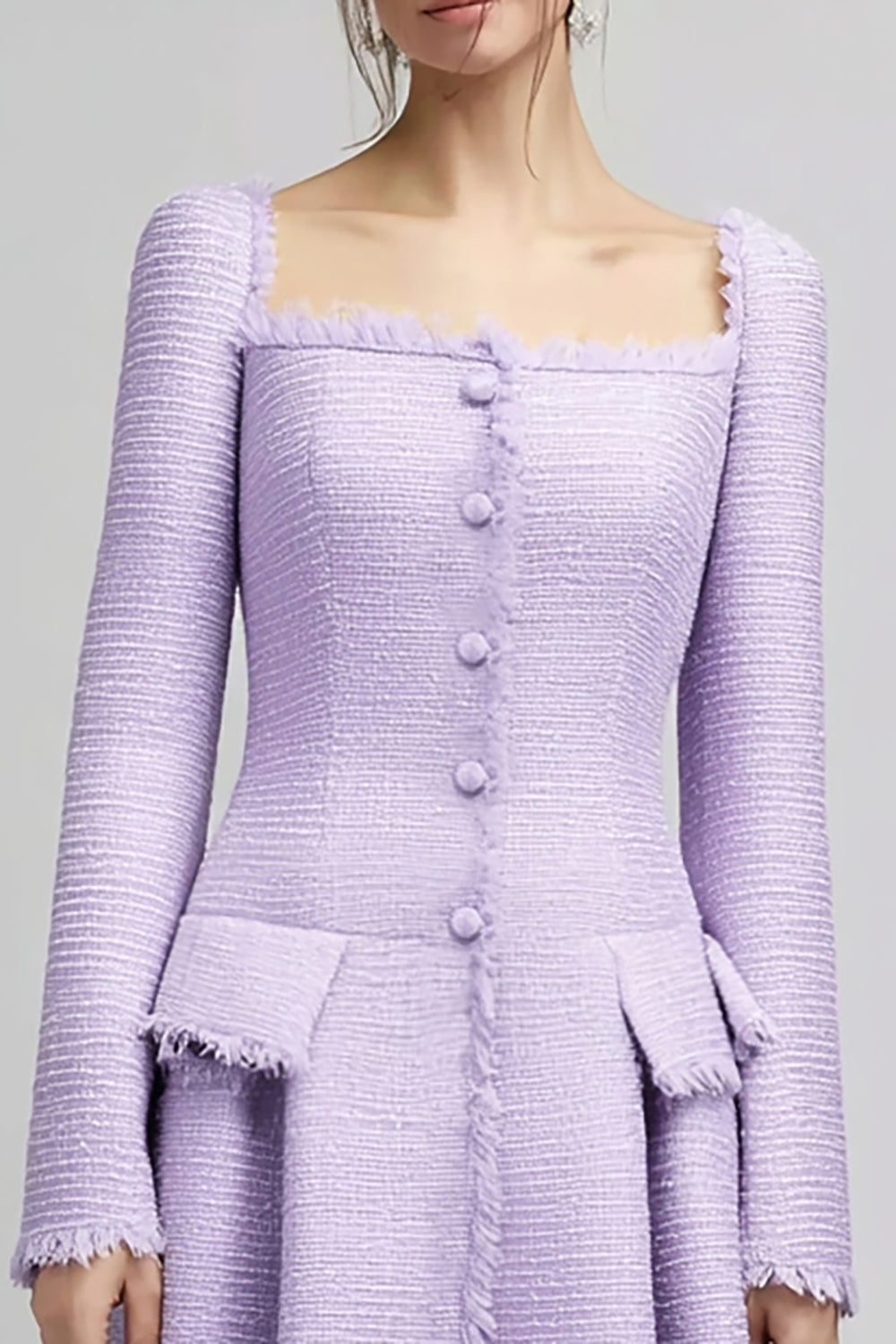 Lilac A Line Square Neck Midi Tweed Outfits with Sleeves