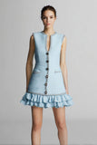 Sky Blue Tight Sleeveless Short Tweed Dress with Ruffles