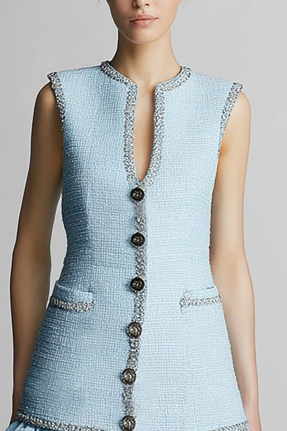 Sky Blue Tight Sleeveless Short Tweed Dress with Ruffles