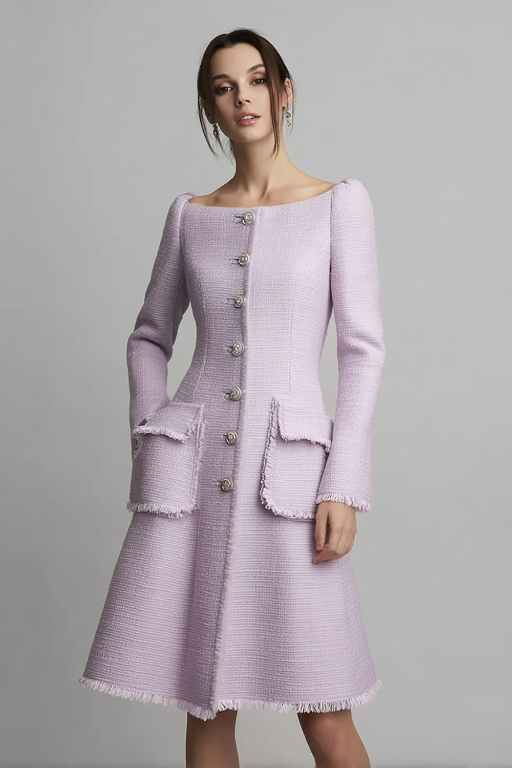 Lilac Boat Neck A Line Short Tweed Dress with Buttons