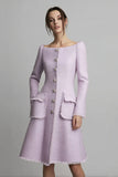 Lilac Boat Neck A Line Short Tweed Dress with Buttons