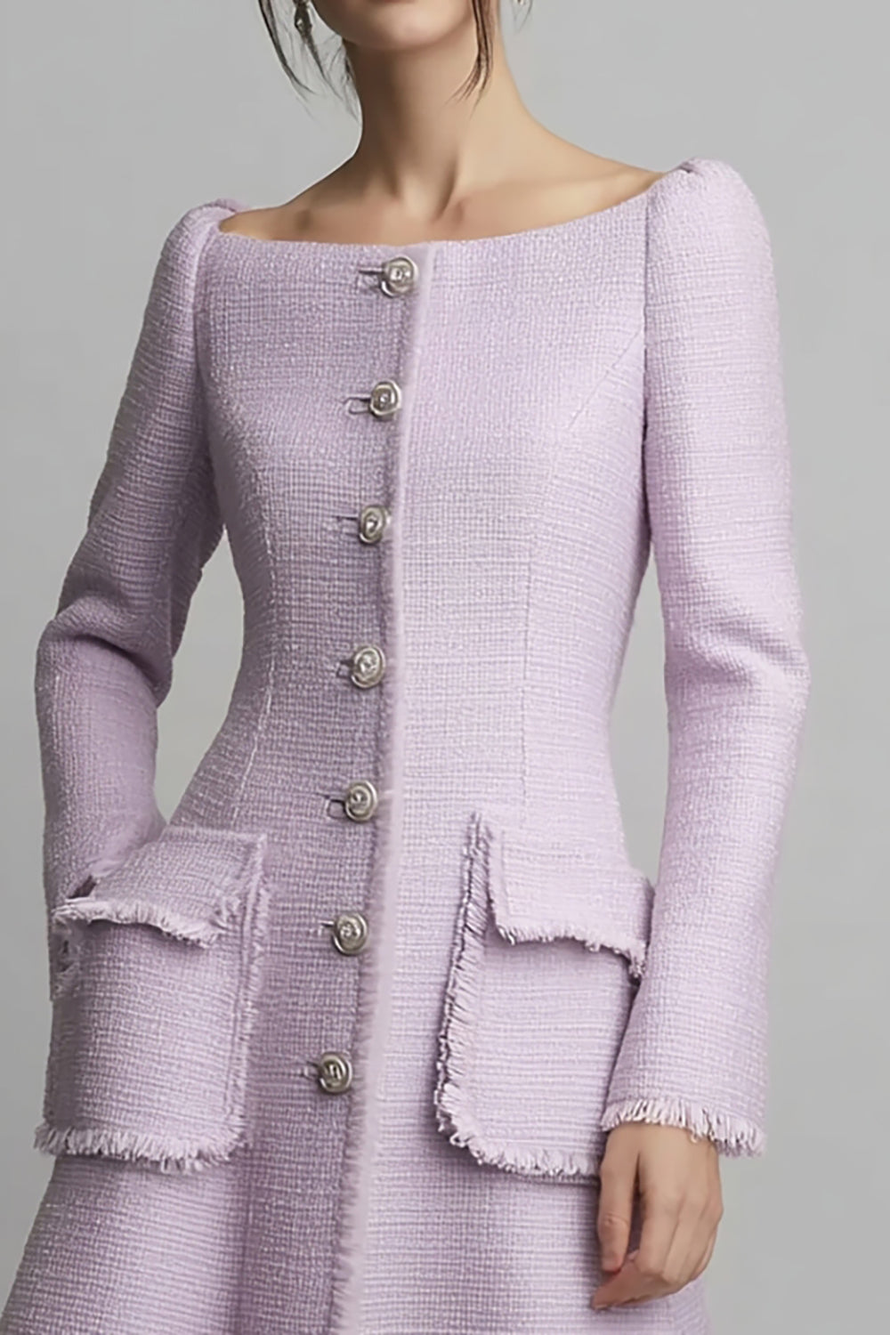 Lilac Boat Neck A Line Short Tweed Dress with Buttons