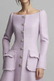 Lilac Boat Neck A Line Short Tweed Dress with Buttons
