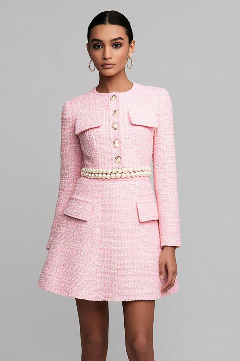 Pink A Line Long Sleeves Short Tweed Dress with Pearls