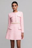 Pink A Line Long Sleeves Short Tweed Dress with Pearls