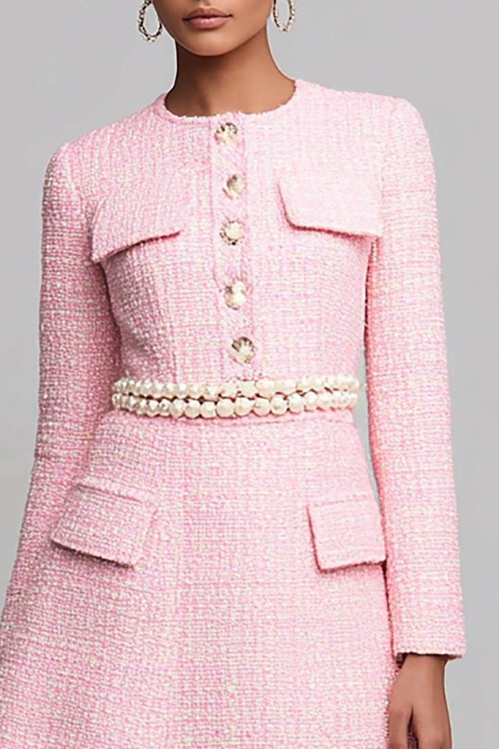 Pink A Line Long Sleeves Short Tweed Dress with Pearls