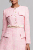 Pink A Line Long Sleeves Short Tweed Dress with Pearls