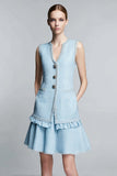 Sky Blue 2 Piece Short Summer Tweed Outfits with Ruffles