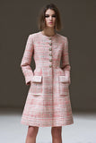 One Piece Pink Plaid A Line Short Tweed Dress with Sleeves