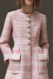 One Piece Pink Plaid A Line Short Tweed Dress with Sleeves