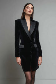 Black Pencil Velvet Shawl Lapel Short One Piece Blazer Dress with Sleeves