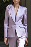 Lilac 3D Flower Satin 2 Piece Peak Lapel Business Suits